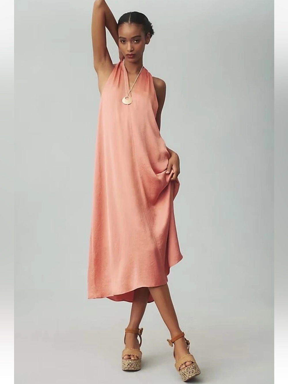 By Anthropologie Halter Silky Peach Sleeveless Dress Womens Size XXS READ